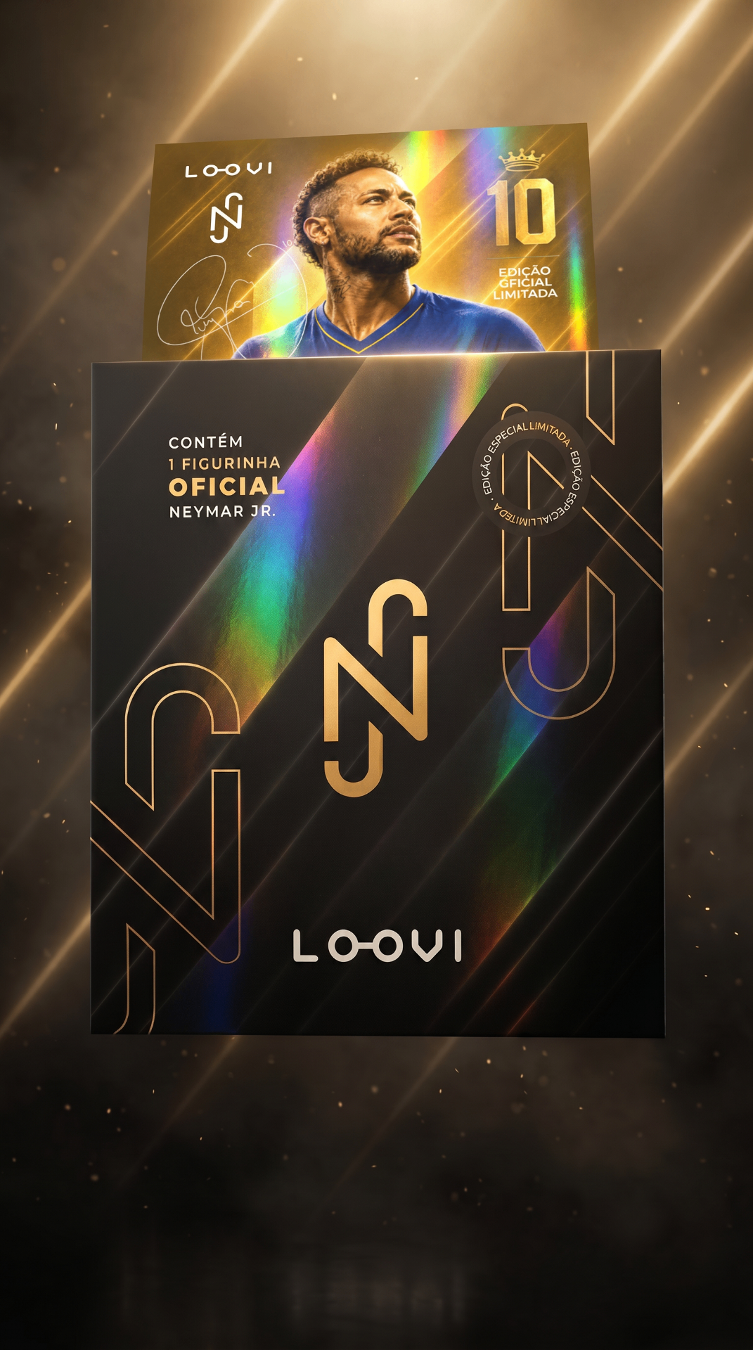 Kit visual da campanha com embalagem premium da figurinha Neymar Jr.